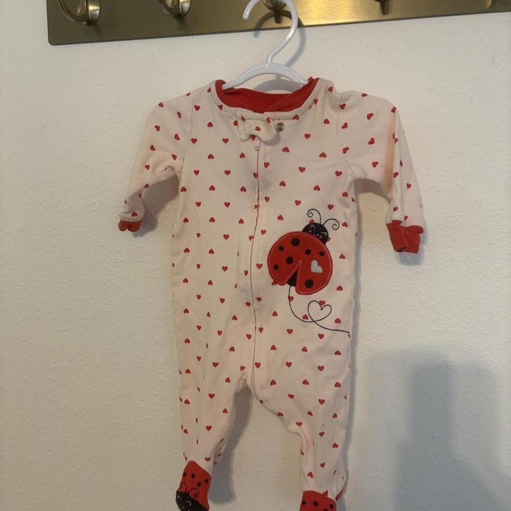 Koala Baby 0-3 months white baby onesie with red hearts and ladybug design
